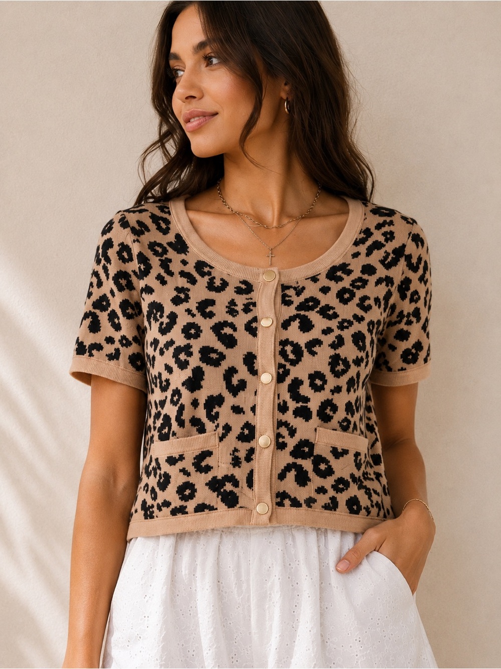 Abercrombie & Fitch Leopard Print Short Sleeve Cardigan - Tan & Black